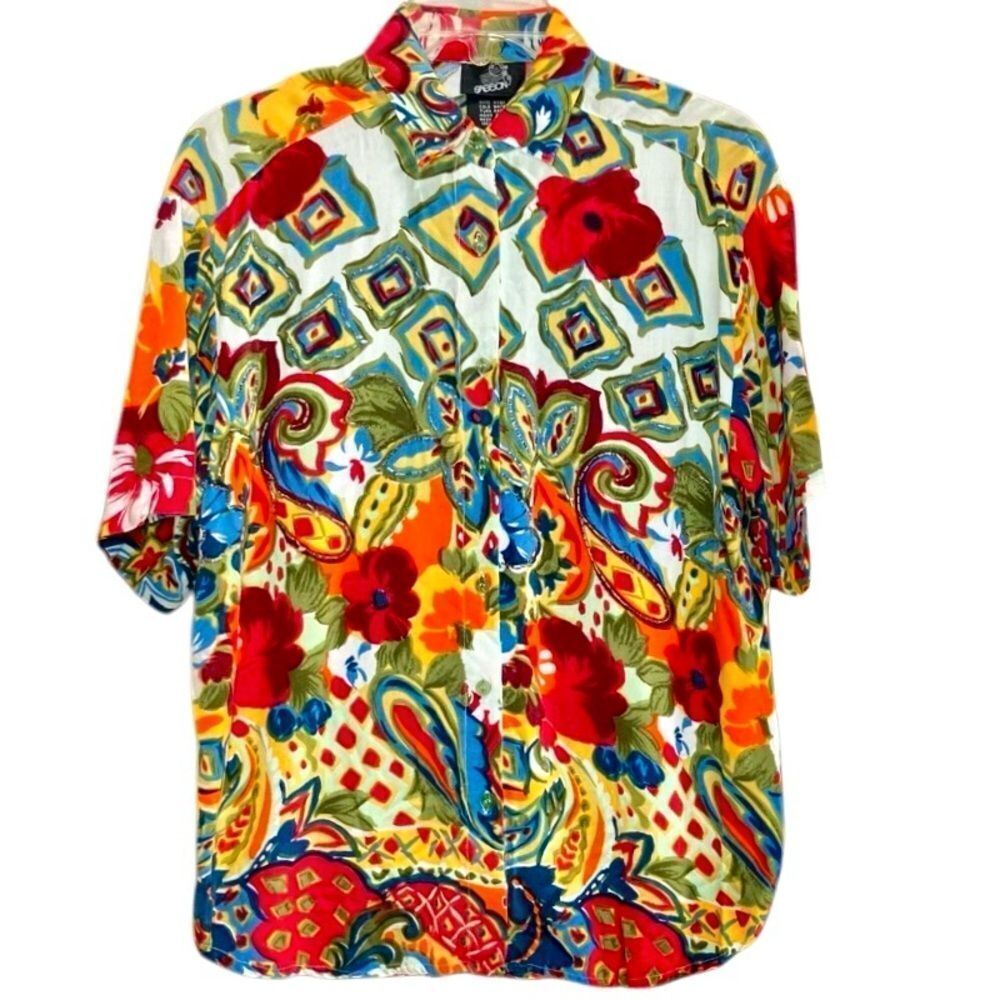 Sasson 80’s Vintage Beaded Paisley Floral Top in White/Red/Blue/Green Women’s M
